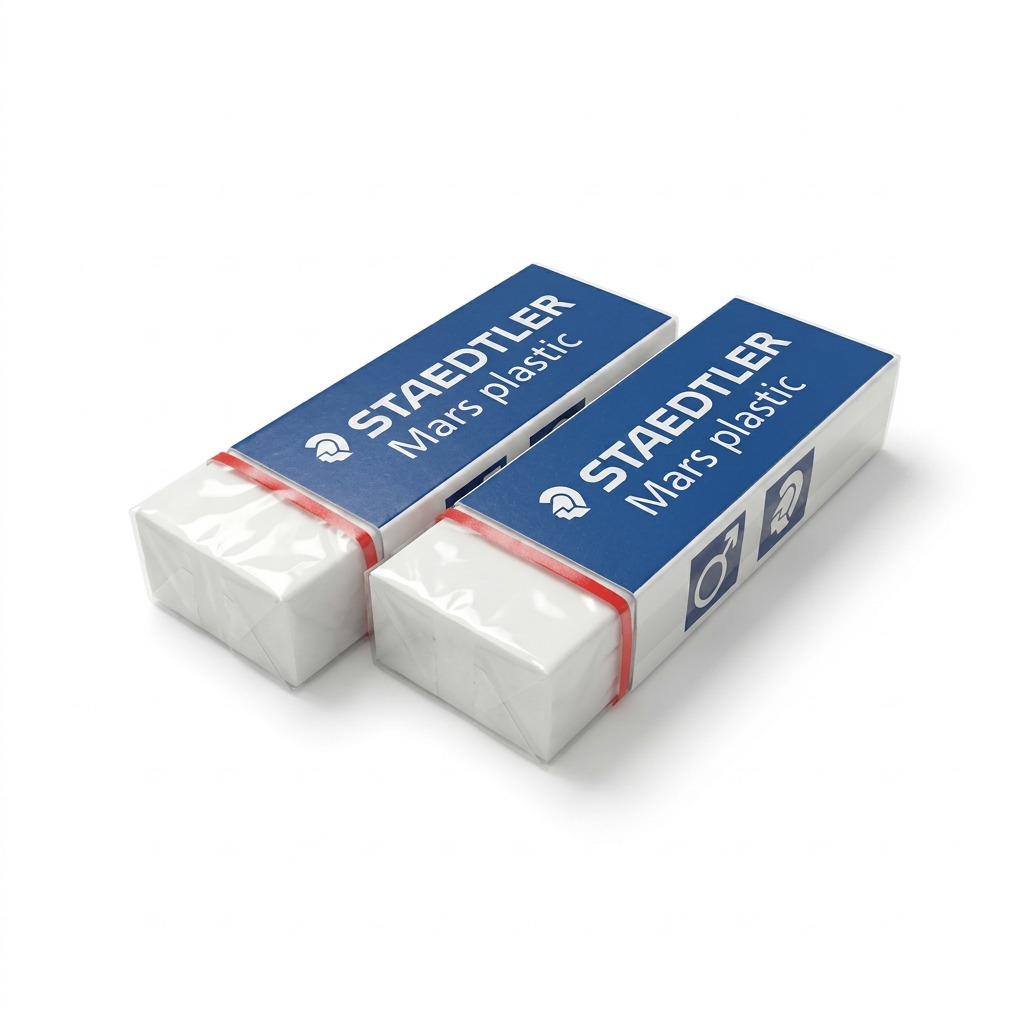 A high-resolution, centered image of the two-pack STAEDTLER Mars plastic erasers from image_0.png, resting on a pure white background with clean shadows. The unique blue-sleeved with red band design and all markings are clearly visible, without any added text.