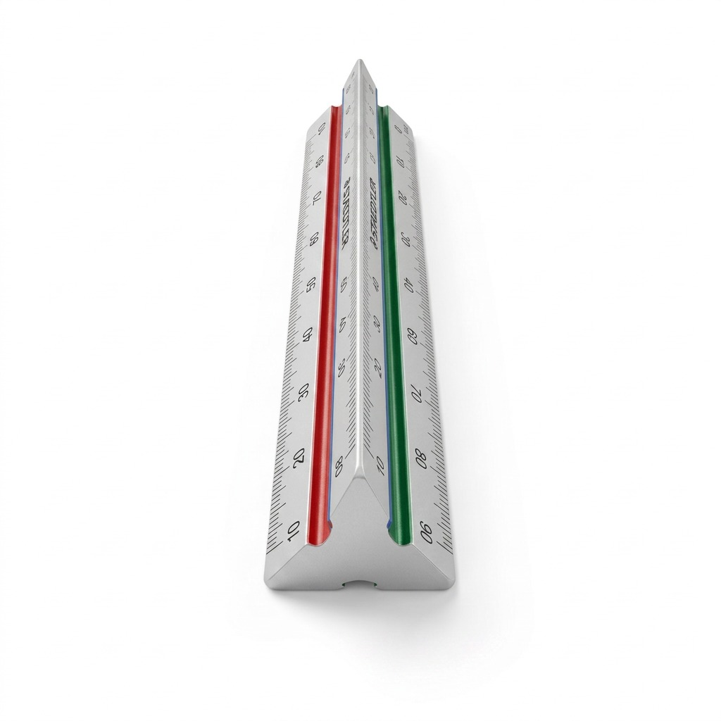 A close-up shot of a 12-inch triangular metal engineer's scale with metric markings and colored lines on a plain white background.