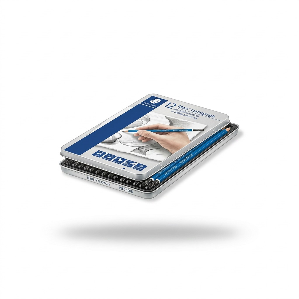 A centered, realistic product photo of the open Staedtler Mars Lumograph tin on a plain white background.