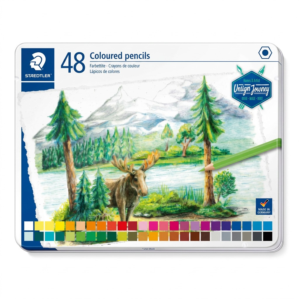 High-resolution hero shot of the STAEDTLER Coloured pencils, 48 piece metal tin case, centered on a white background.