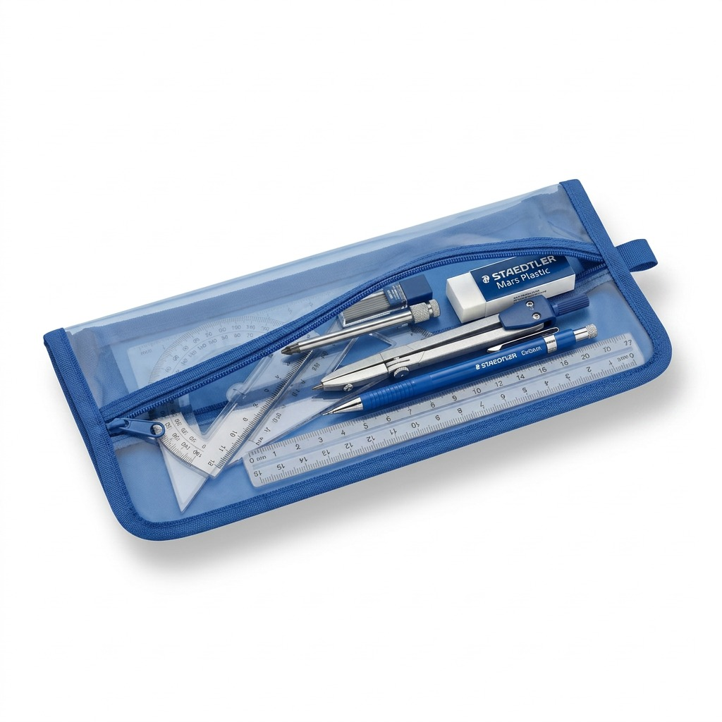 Pure high-resolution hero shot of STAEDTLER Math set Mars Super in a blue pouch, white background.