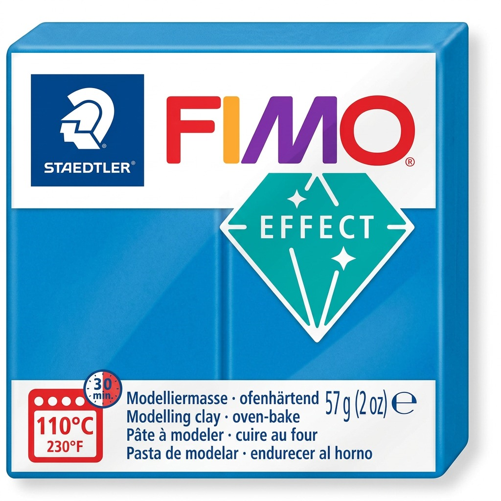 A high-resolution, centered view of a 57g bar of STAEDTLER FIMO Effect Neon Blue modelling clay on a pure white background.