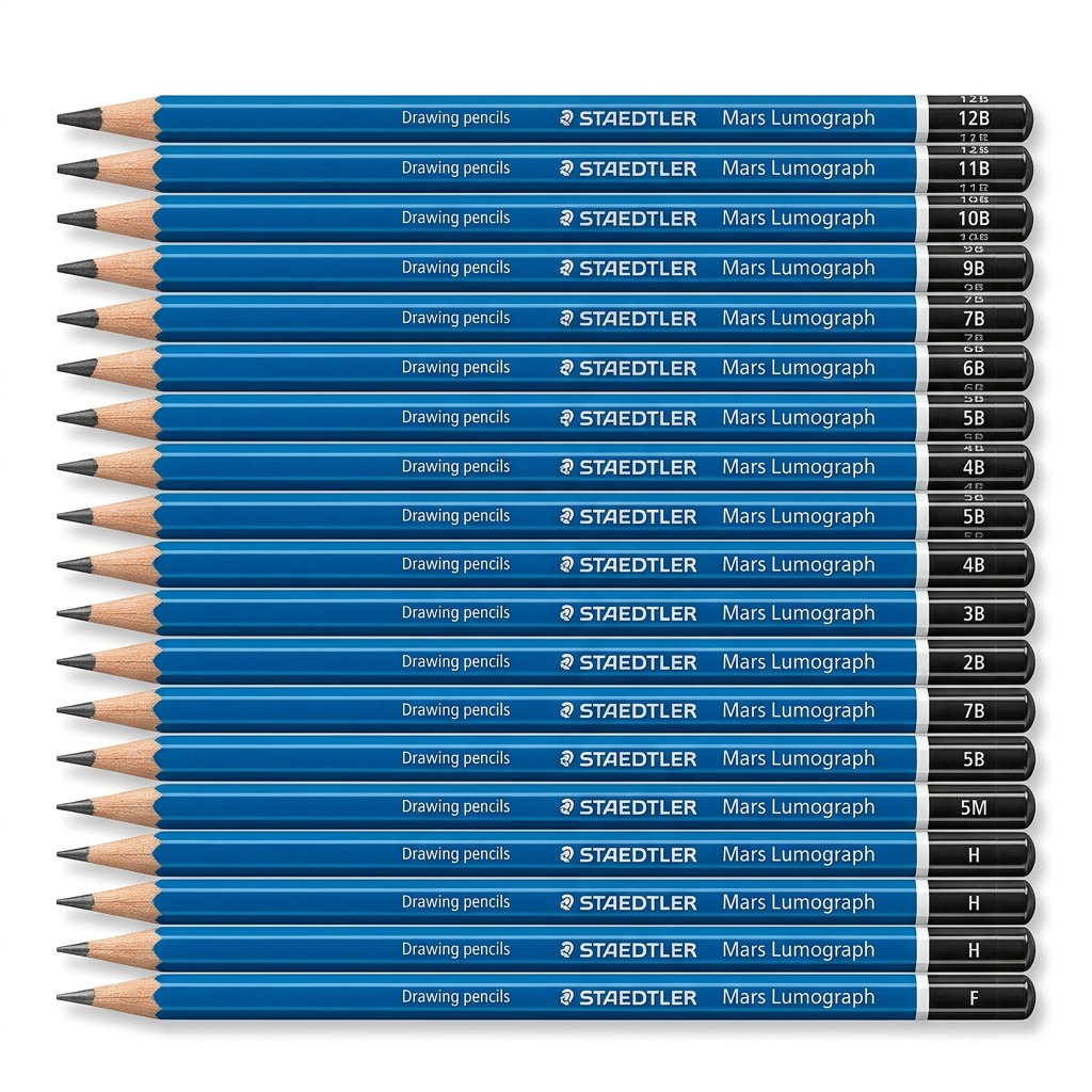 A high-resolution ecommerce hero shot of the 24 specific STAEDTLER Mars Lumograph pencils, pre-sharpened and fanned out.