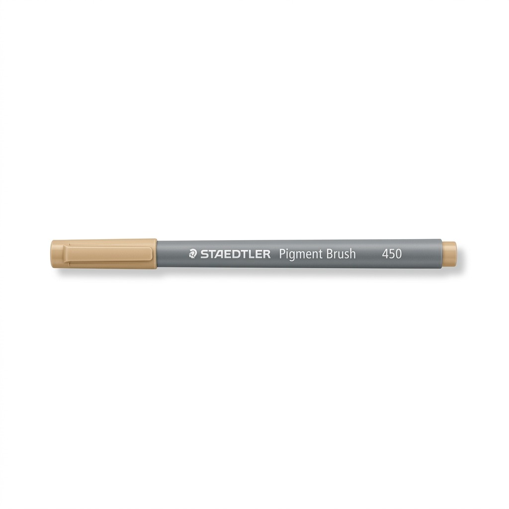 A high-resolution, centered image of a STAEDTLER Pigment Brush 450 sand-colored pen against a clean white background.