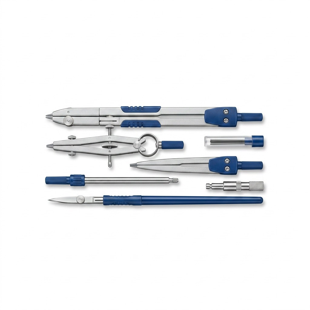 A professional high-resolution hero shot of the STAEDTLER Mars Basic 7pc compass set on a pure white background.