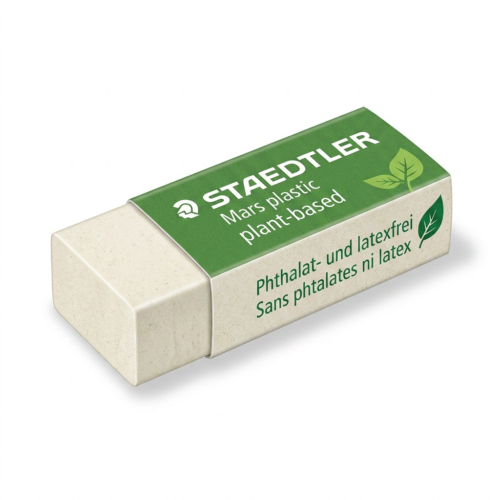 High-resolution hero shot of Staedtler Mars N80 plant-based eraser on a white background, displaying its natural color and wrapper.