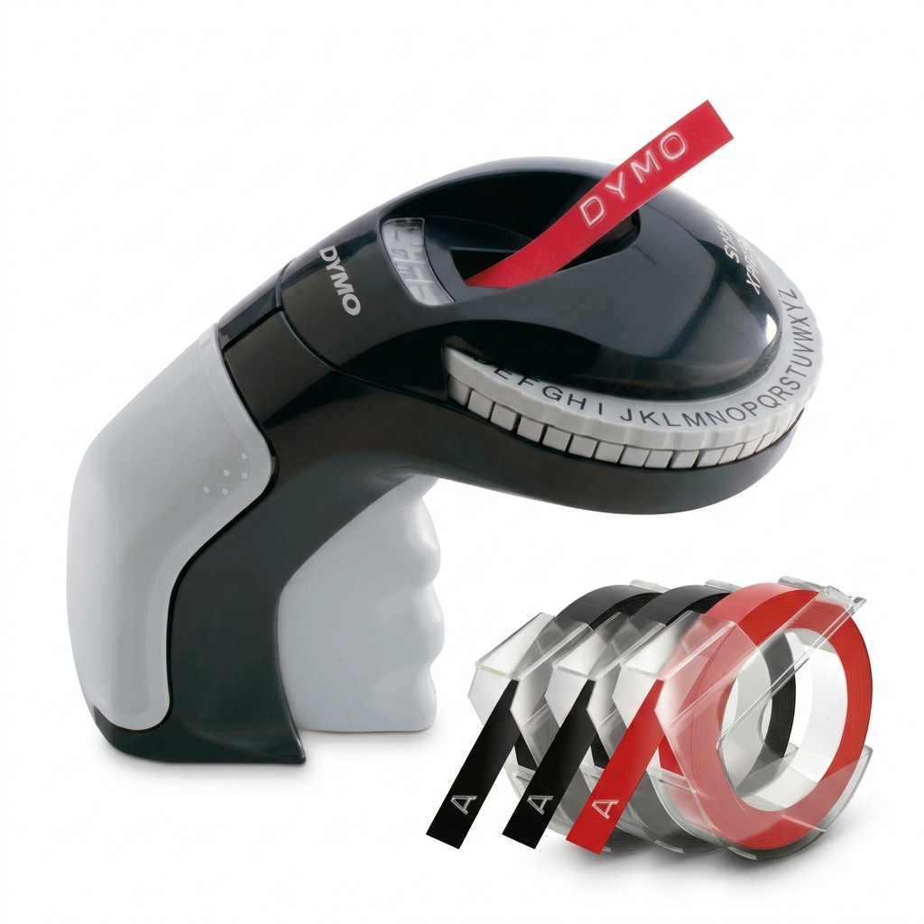 DYMO Organizer Express Pro Embossing Label Maker showing black base, grey handle, and character wheel.