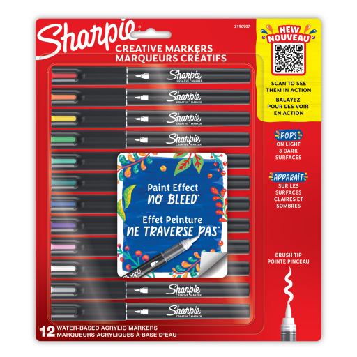 Sharpie Creative Markers, Water-Based Acrylic Markers, Brush Tip, Assorted Colours, 12 Count