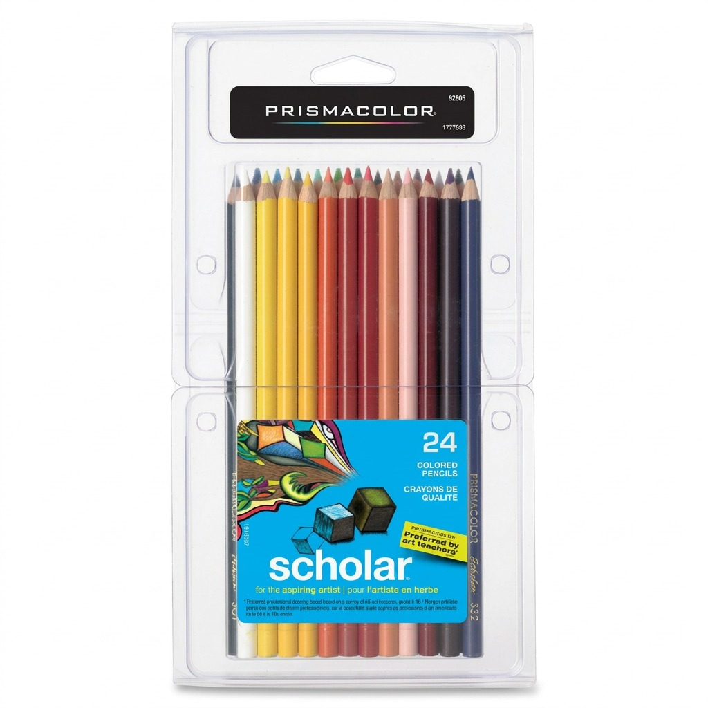 High-resolution hero shot of Prismacolor Scholar Colored Pencils in a 24-count clear clam shell pack.
