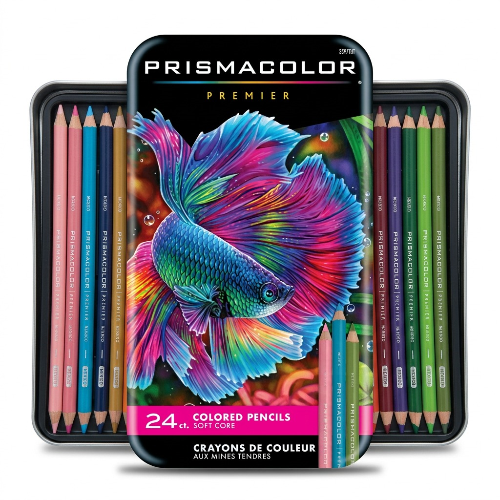 High-resolution hero shot of Prismacolor Premier open metal tin displaying 24 colored pencils.