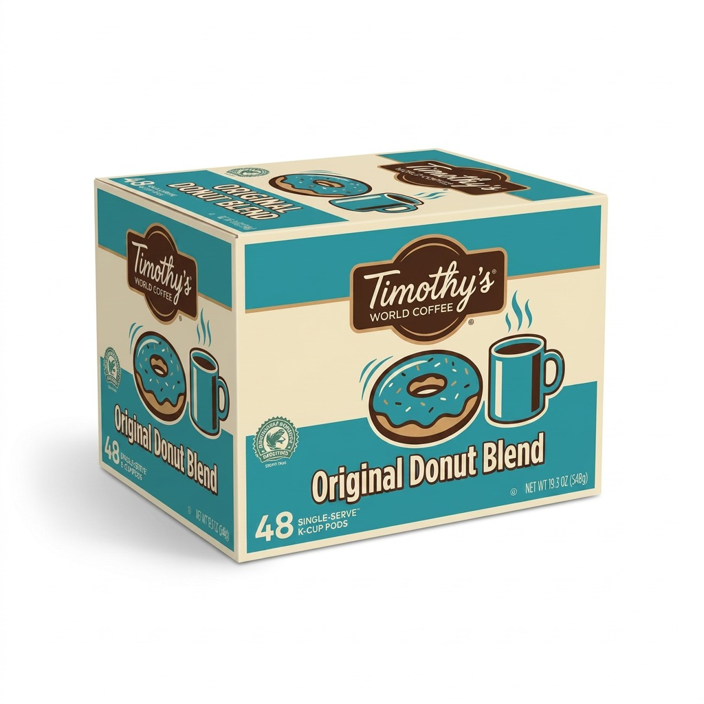 Timothy's Original Donut Blend coffee 48-count K-Cup pod box featuring donut and mug illustrations.