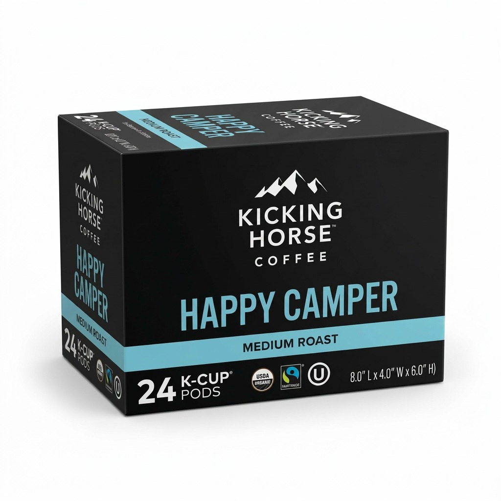 High-resolution hero shot of the Kicking Horse Coffee Happy Camper 24-count K-Cup Pod box.