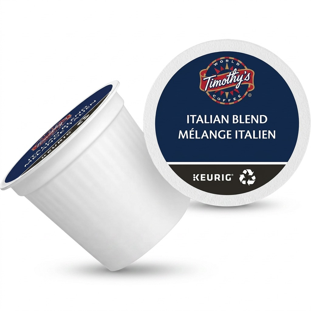 Pure ecommerce hero shot of Timothy's Italian Blend coffee K-Cup pod with sharp detail and a clean white background.