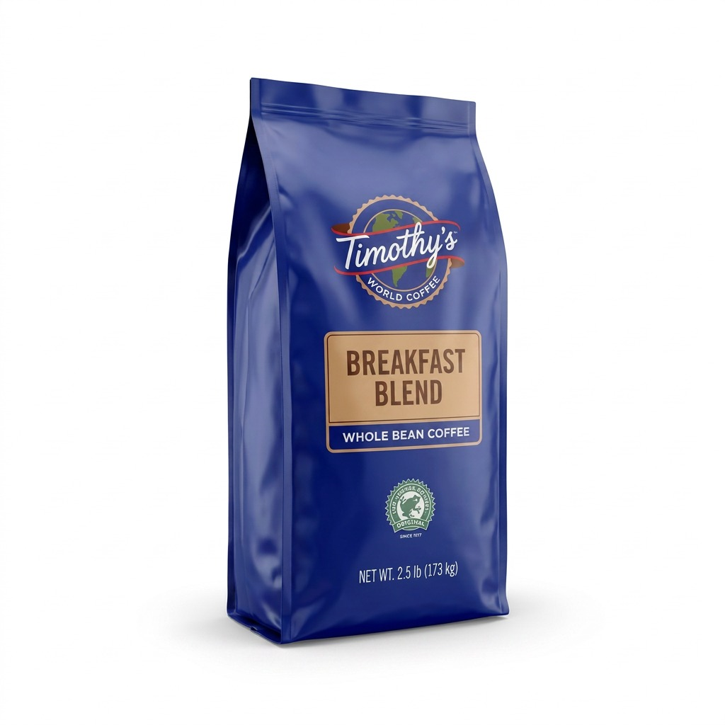 A 907g bag of Timothy's Breakfast Blend Whole Bean Coffee against a crisp white background.