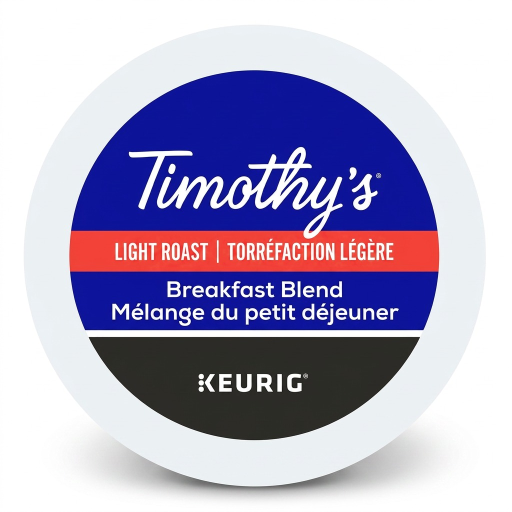A high-resolution, centered photograph of a single Timothy's Breakfast Blend Keurig K-Cup, as seen from a top-down view, featuring all specific text and logos: Timothy's script, Light Roast, Breakfast Blend, and Keurig, against a pure white background.
