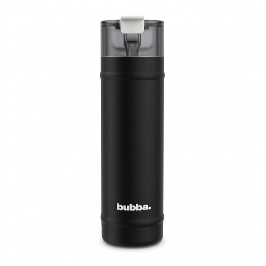 A high-resolution, centered image of a glossy black 24 oz bubba DualSip bottle with its smoke gray cap.