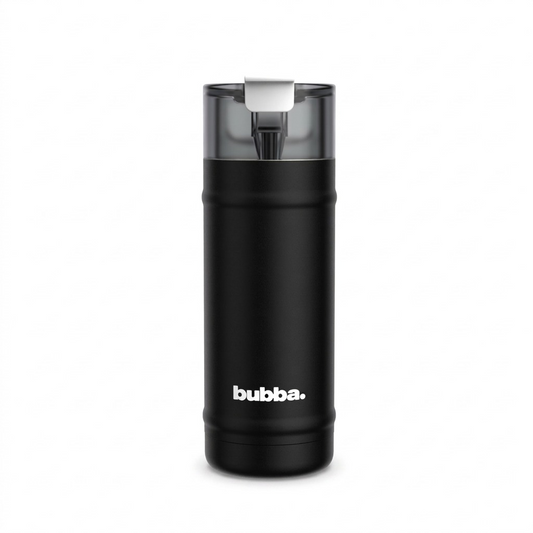 A high-resolution ecommerce hero shot of the bubba DualSip 18 oz insulated water bottle in matte black, featuring its distinctive smoke-grey transparent dual-use lid and white 'bubba.' logo.